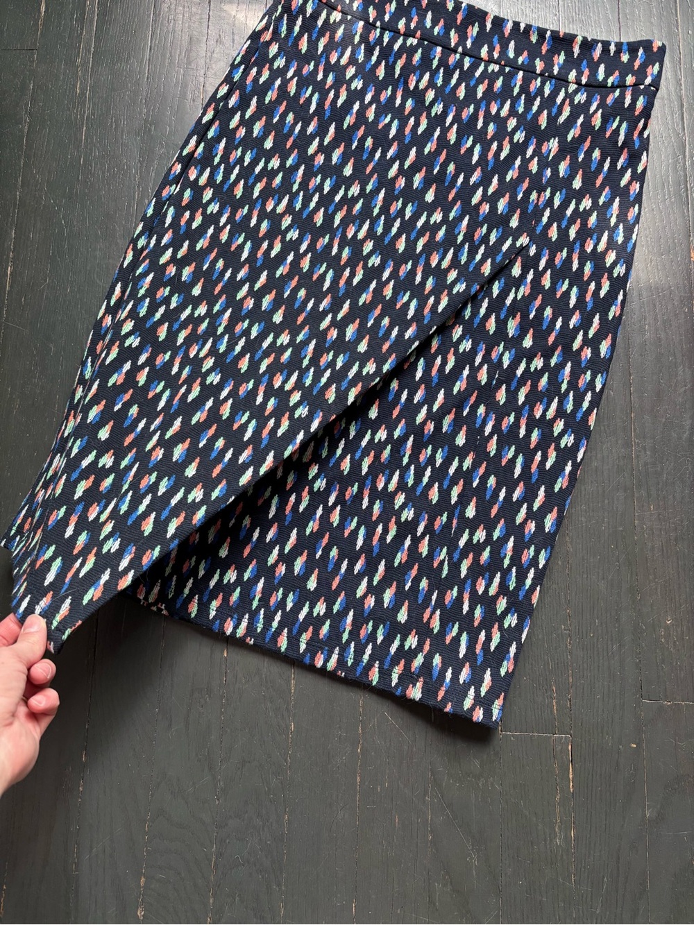Anthropologie Maeve Debra Navy Faux Wrap Pencil Skirt w/ Multicolor Speckle NWOT